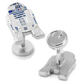 A pair of silver-toned Star Wars R2-D2 enamel cufflinks featuring blue and white detailing.