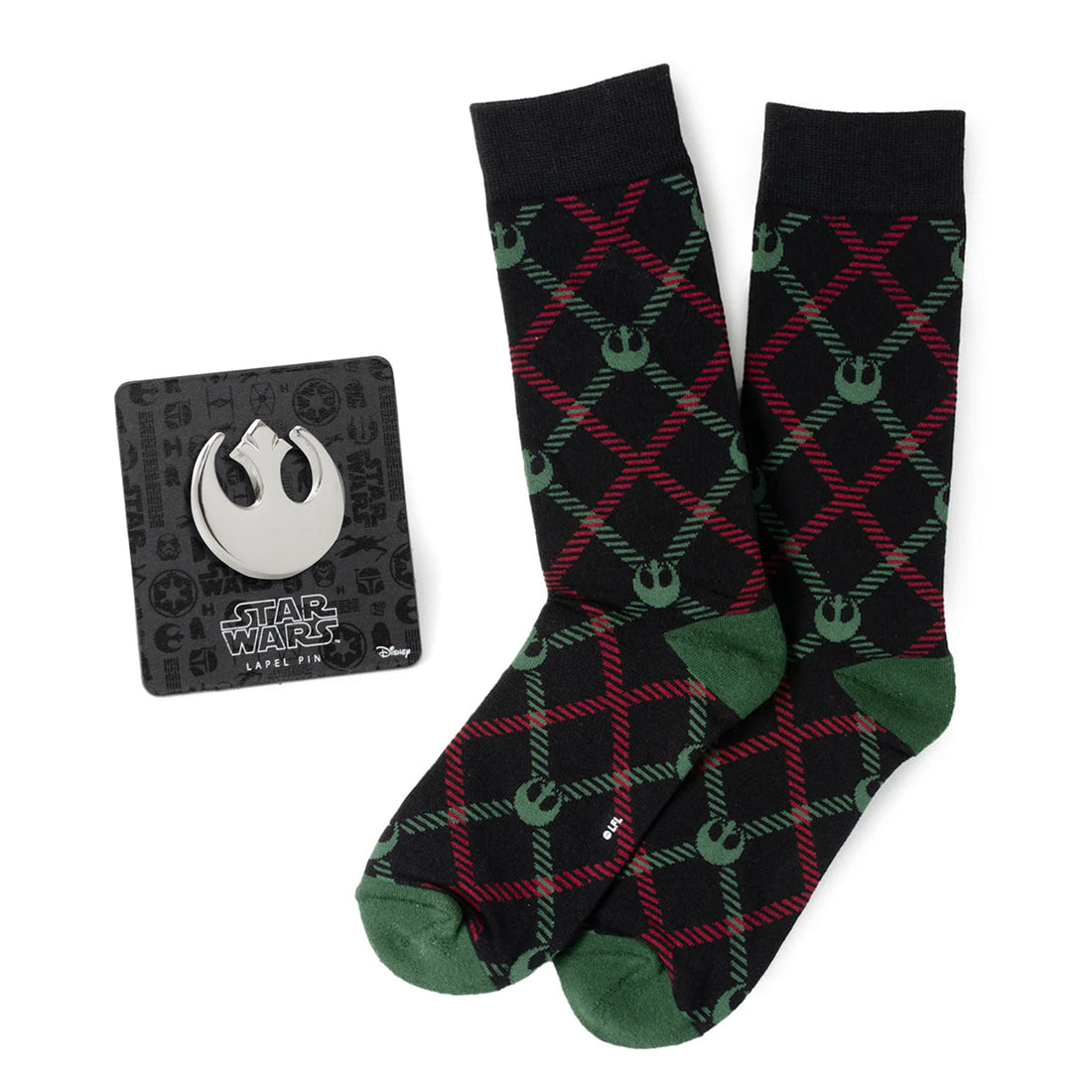 Star Wars Rebel Alliance gift set featuring black crew socks with a green and red plaid pattern and a silver Rebel Alliance emblem lapel pin.