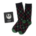 Star Wars Rebel Alliance gift set featuring black crew socks with a green and red plaid pattern and a silver Rebel Alliance emblem lapel pin.