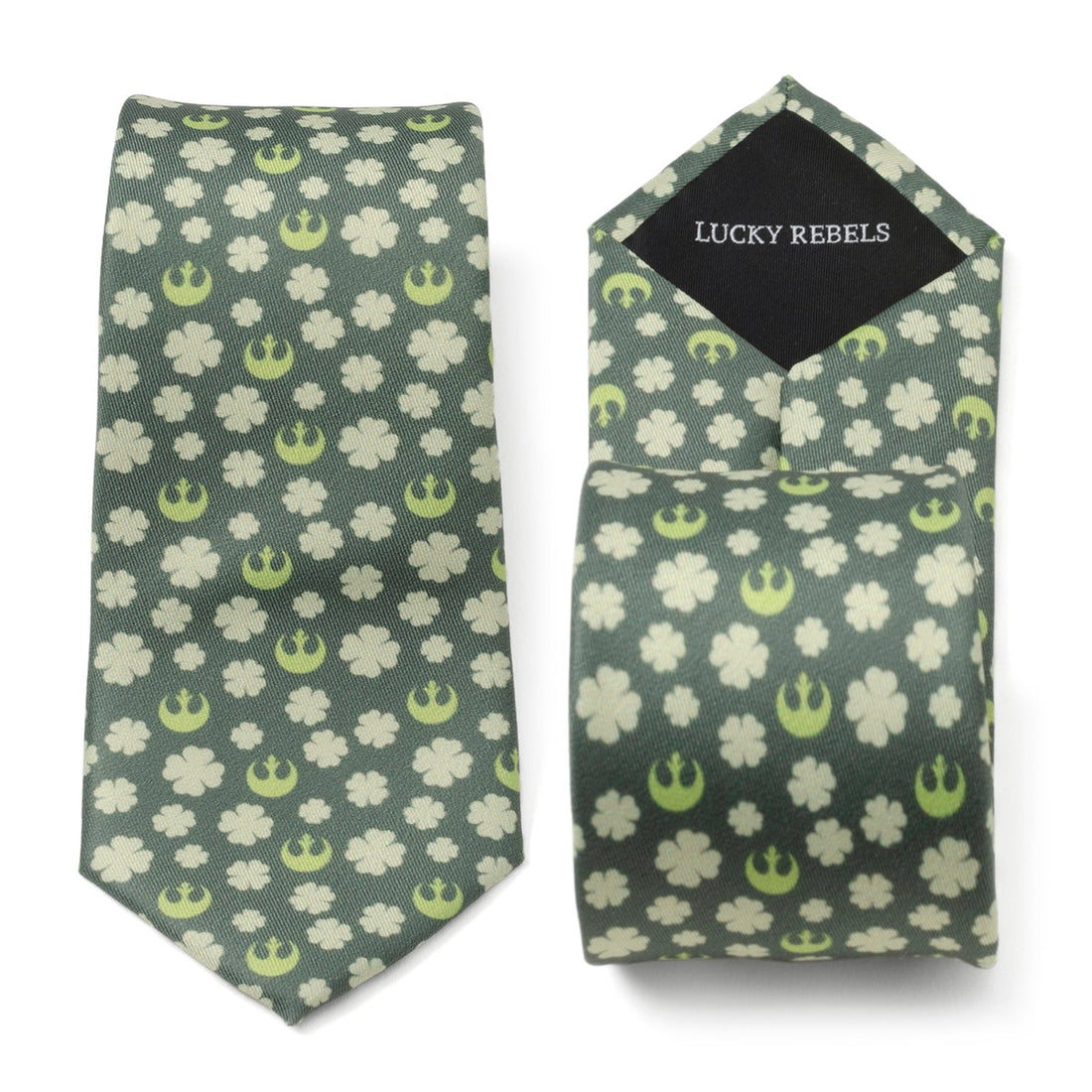 Close up and worn view of a green Star Wars necktie with shamrock and Rebel Alliance logo pattern
