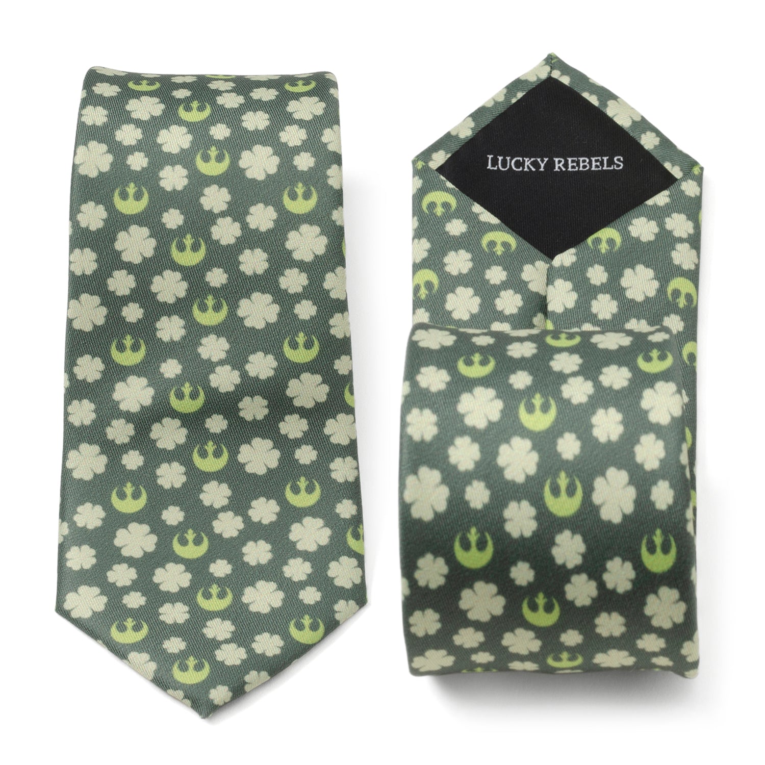 Close up and worn view of a green Star Wars necktie with shamrock and Rebel Alliance logo pattern
