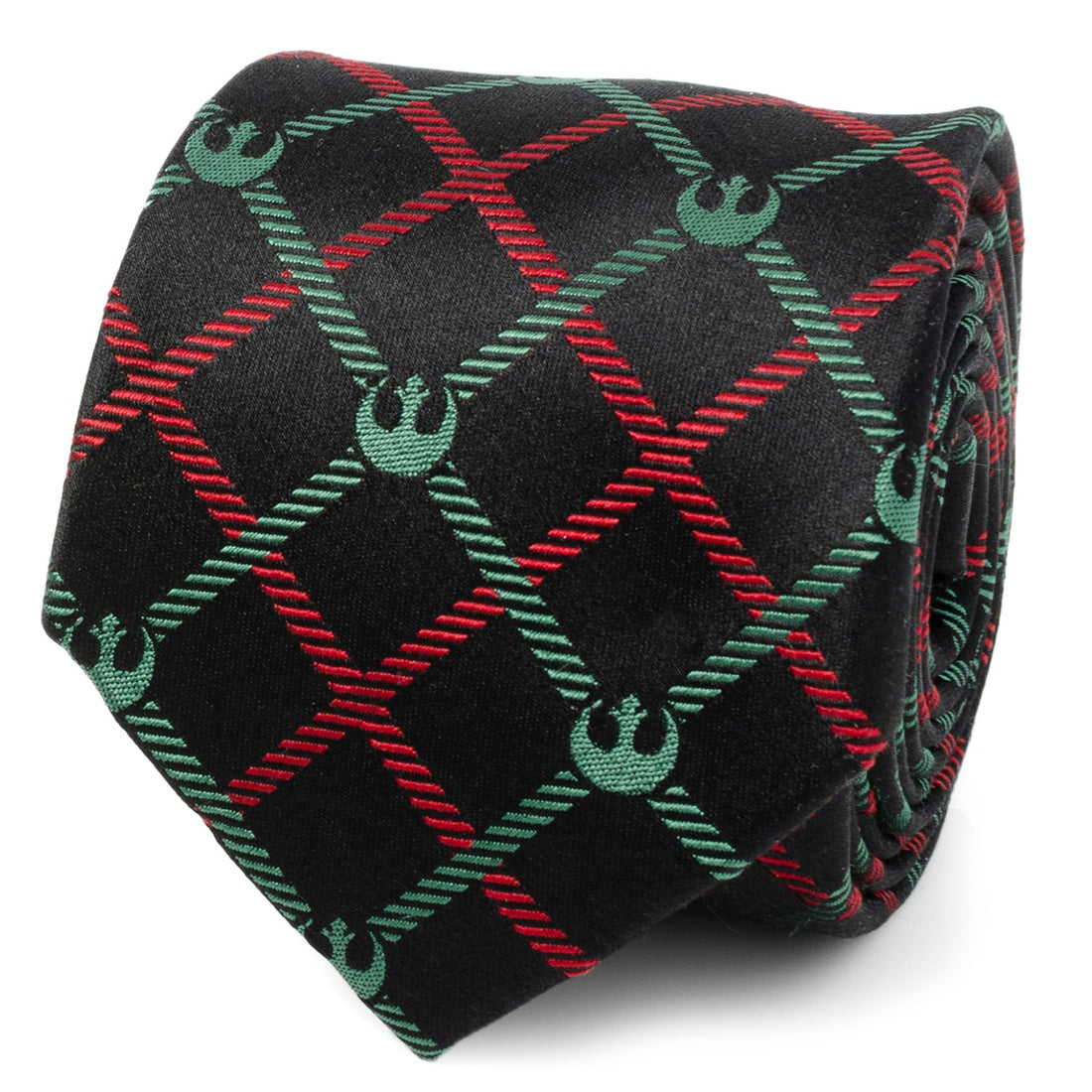 Close up of Star Wars Rebel Alliance plaid necktie featuring a black background with red and green grid lines and green Rebel symbols