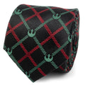 Close up of Star Wars Rebel Alliance plaid necktie featuring a black background with red and green grid lines and green Rebel symbols
