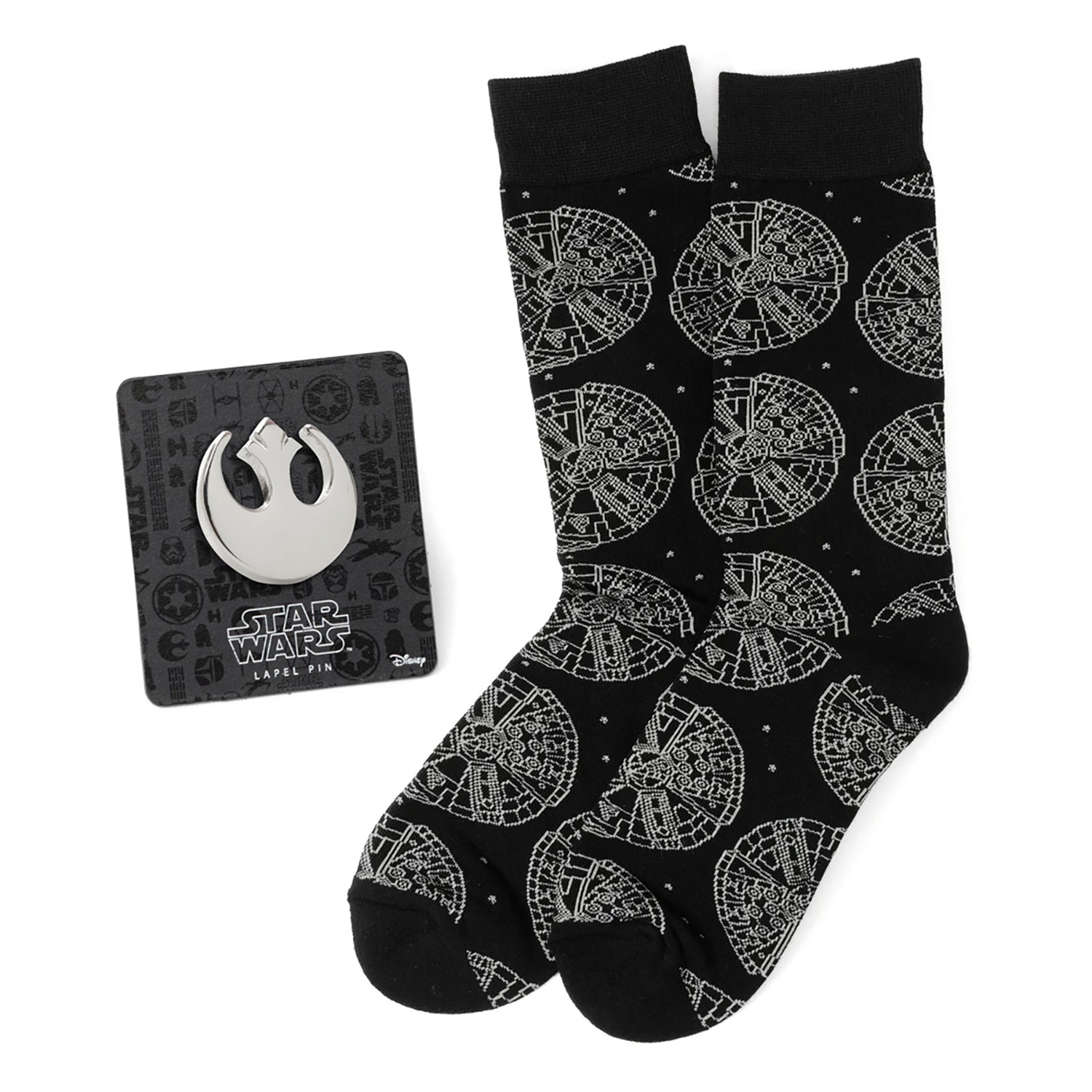 A black pair of Star Wars Millennium Falcon socks next to a Rebel Alliance metal lapel pin on its display card.