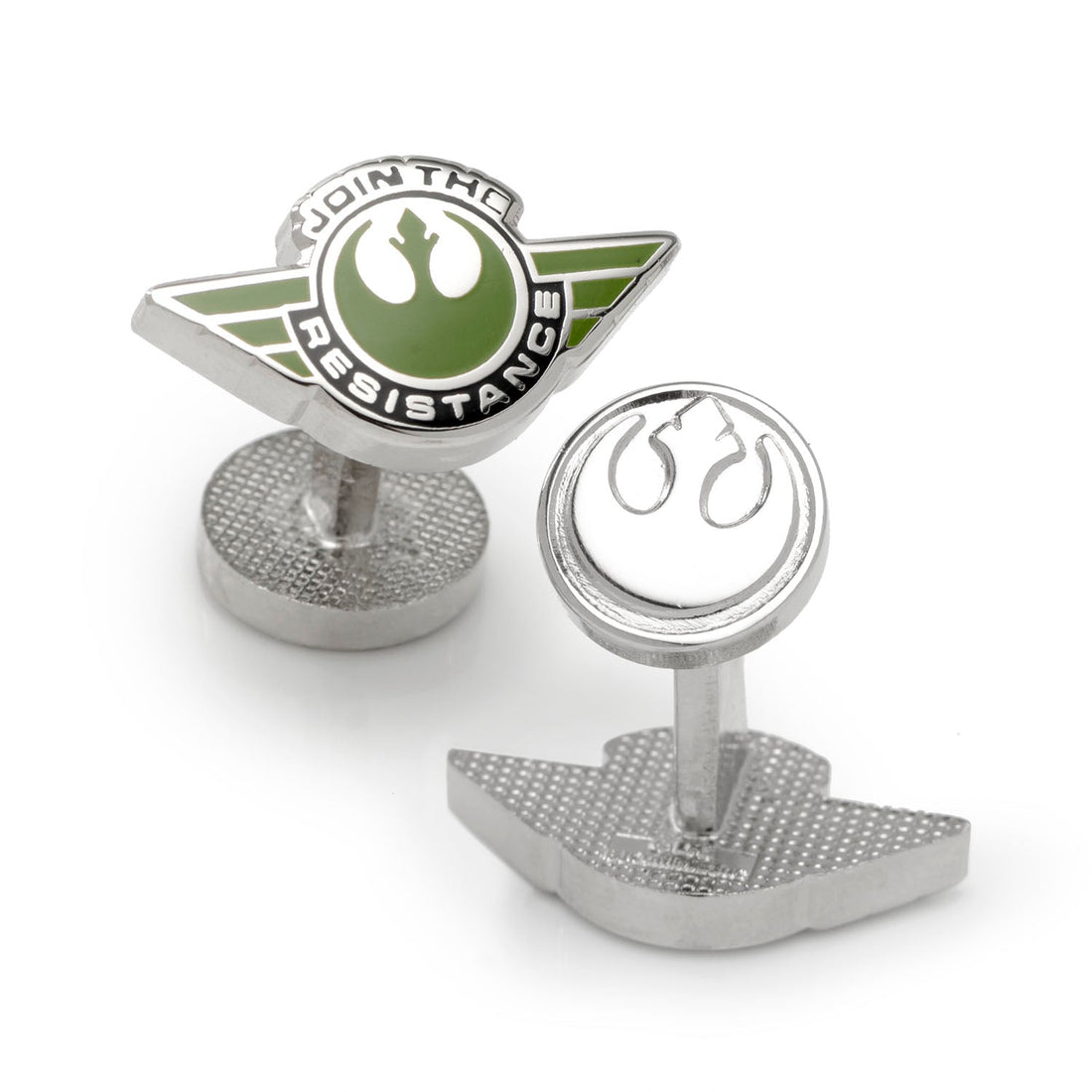 Silver tone Star Wars Rebel Alliance Starbird logo cufflinks on a white background