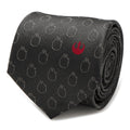 Close up of charcoal gray silk necktie with Millennium Falcon pattern and one red Rebel Alliance symbol
