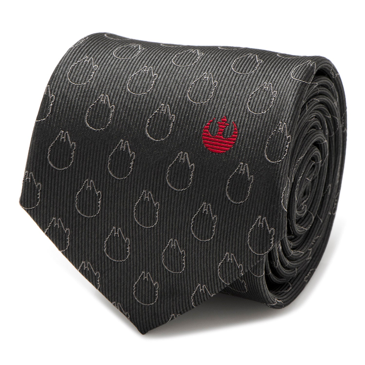 Close up of charcoal gray silk necktie with Millennium Falcon pattern and one red Rebel Alliance symbol