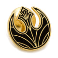 A gold-tone lapel pin featuring the black enamel Rebel Alliance Starbird symbol from Star Wars, seen from both the front and back.