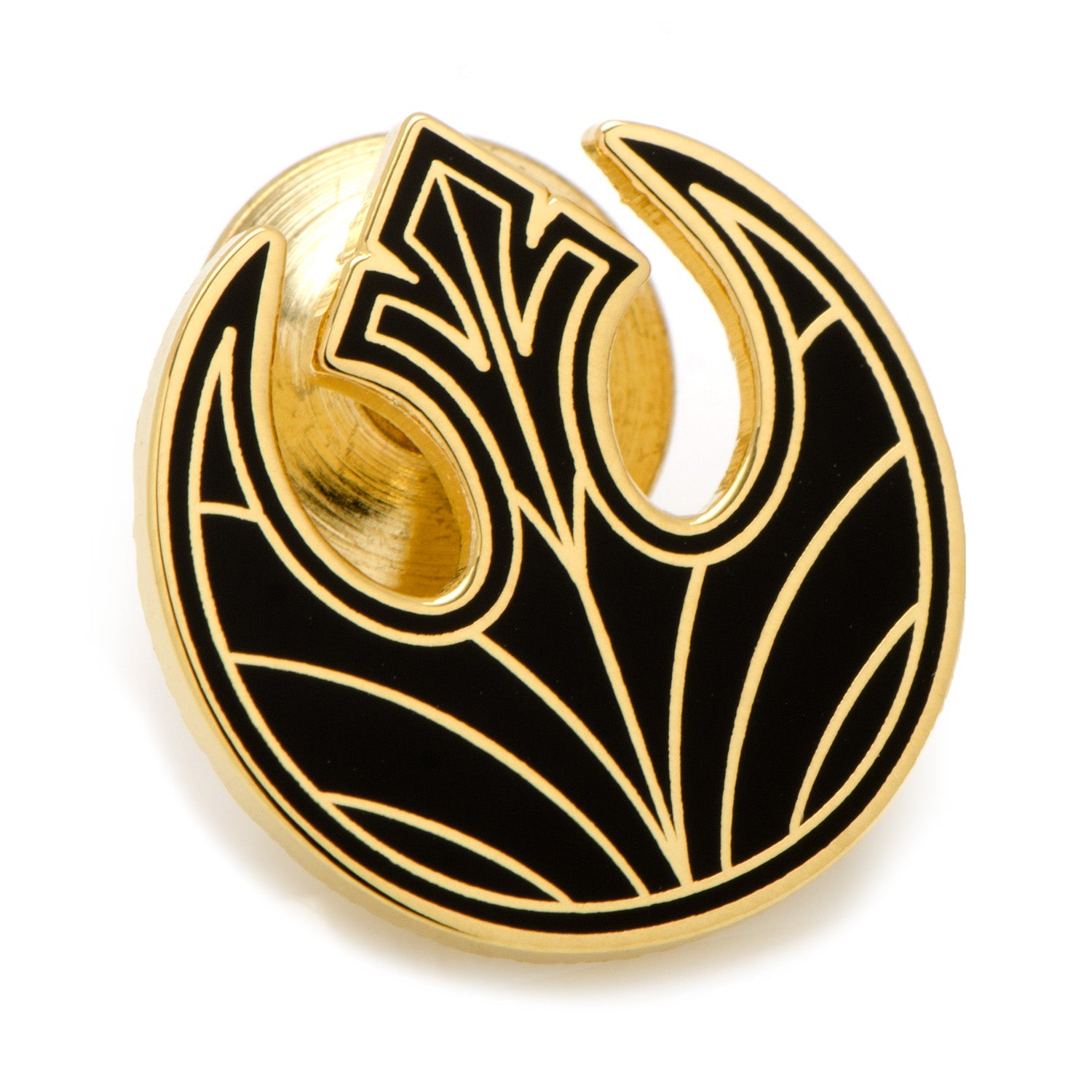 A gold-tone lapel pin featuring the black enamel Rebel Alliance Starbird symbol from Star Wars, seen from both the front and back.