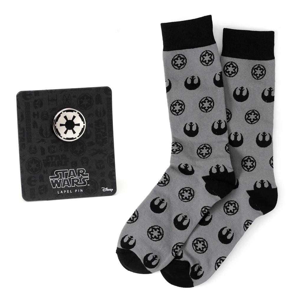Gray crew socks with black Star Wars Rebel and Imperial logos paired with an Imperial icon lapel pin.