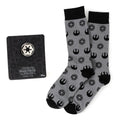Gray crew socks with black Star Wars Rebel and Imperial logos paired with an Imperial icon lapel pin.