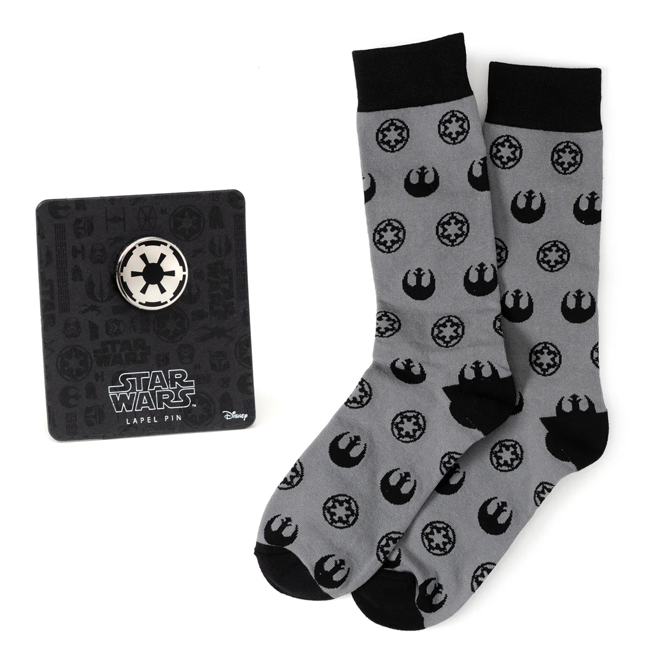 Gray crew socks with black Star Wars Rebel and Imperial logos paired with an Imperial icon lapel pin.