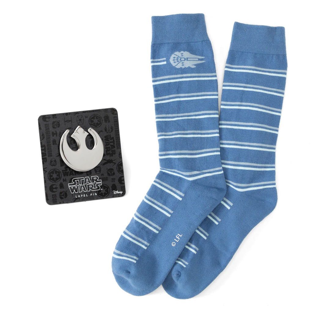 Blue striped crew socks featuring the Millennium Falcon ship with an included silver Rebel Alliance lapel pin.