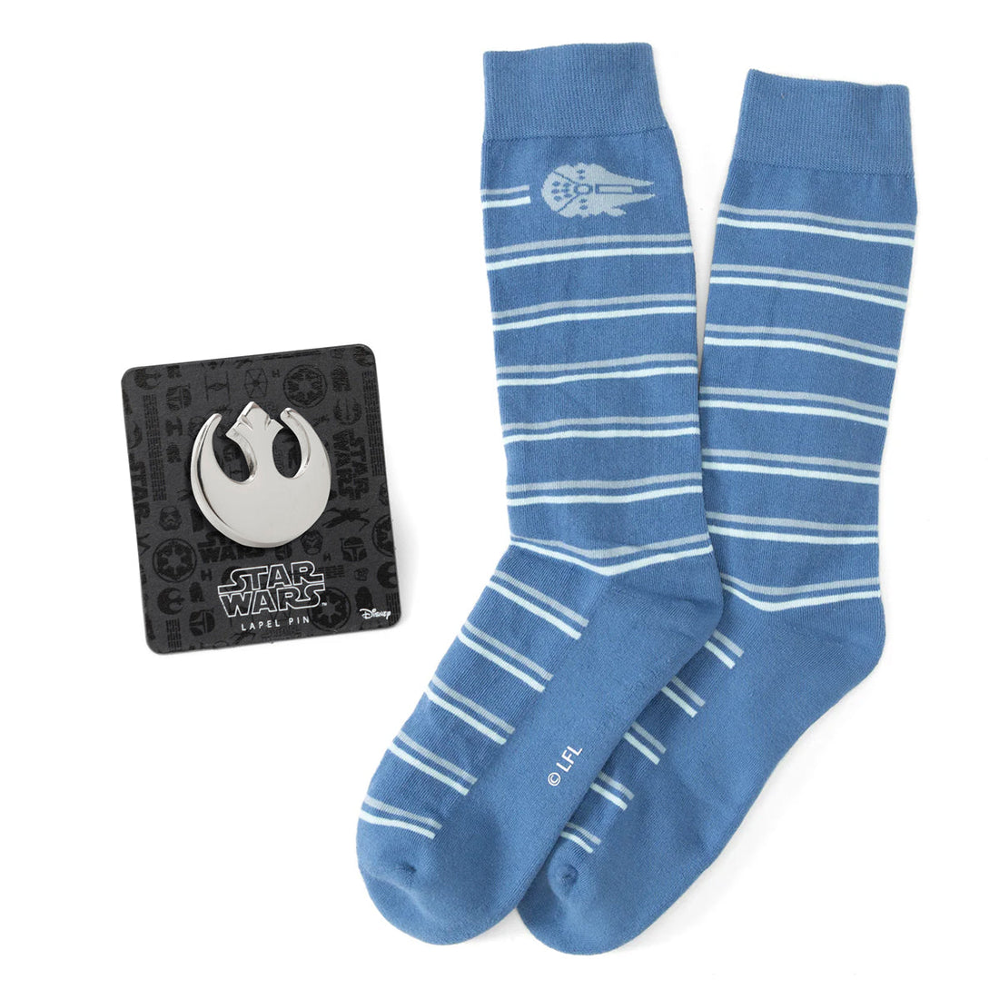 Blue striped crew socks featuring the Millennium Falcon ship with an included silver Rebel Alliance lapel pin.