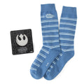 Blue striped crew socks featuring the Millennium Falcon ship with an included silver Rebel Alliance lapel pin.