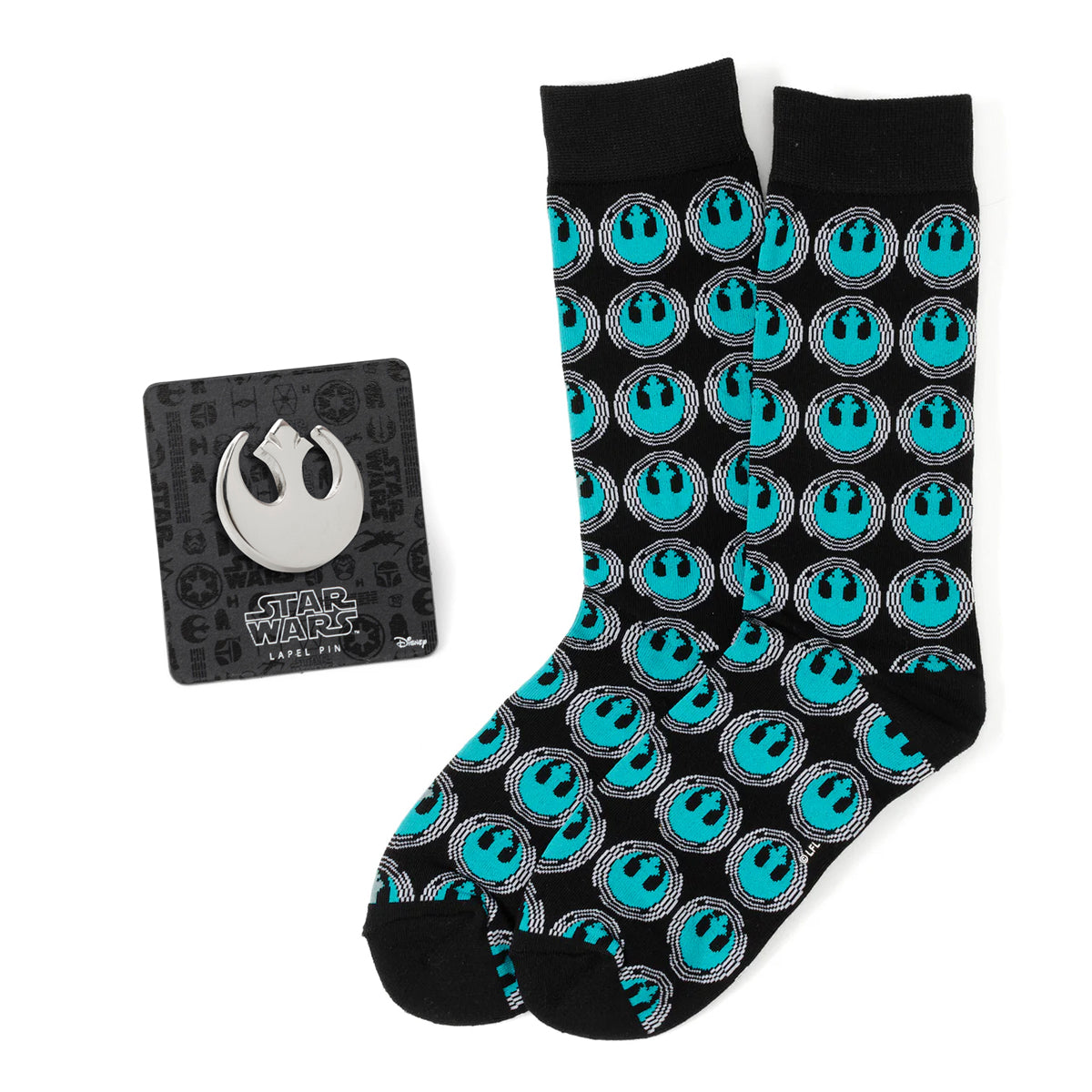 Star Wars Rebel Alliance crew socks in teal and black with a matching silver-toned Rebel symbol lapel pin