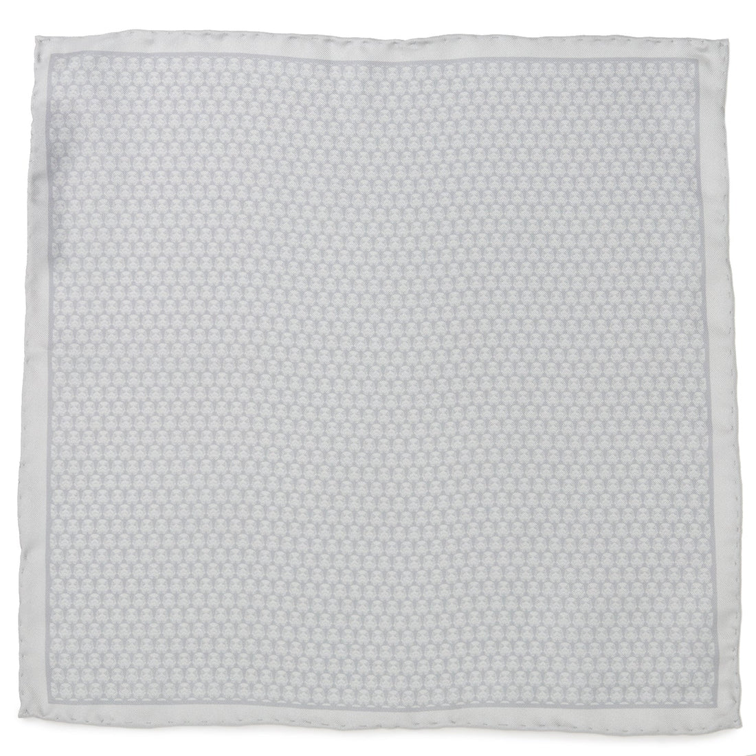 White silk pocket square with a subtle, light gray repeating Stormtrooper helmet print pattern.