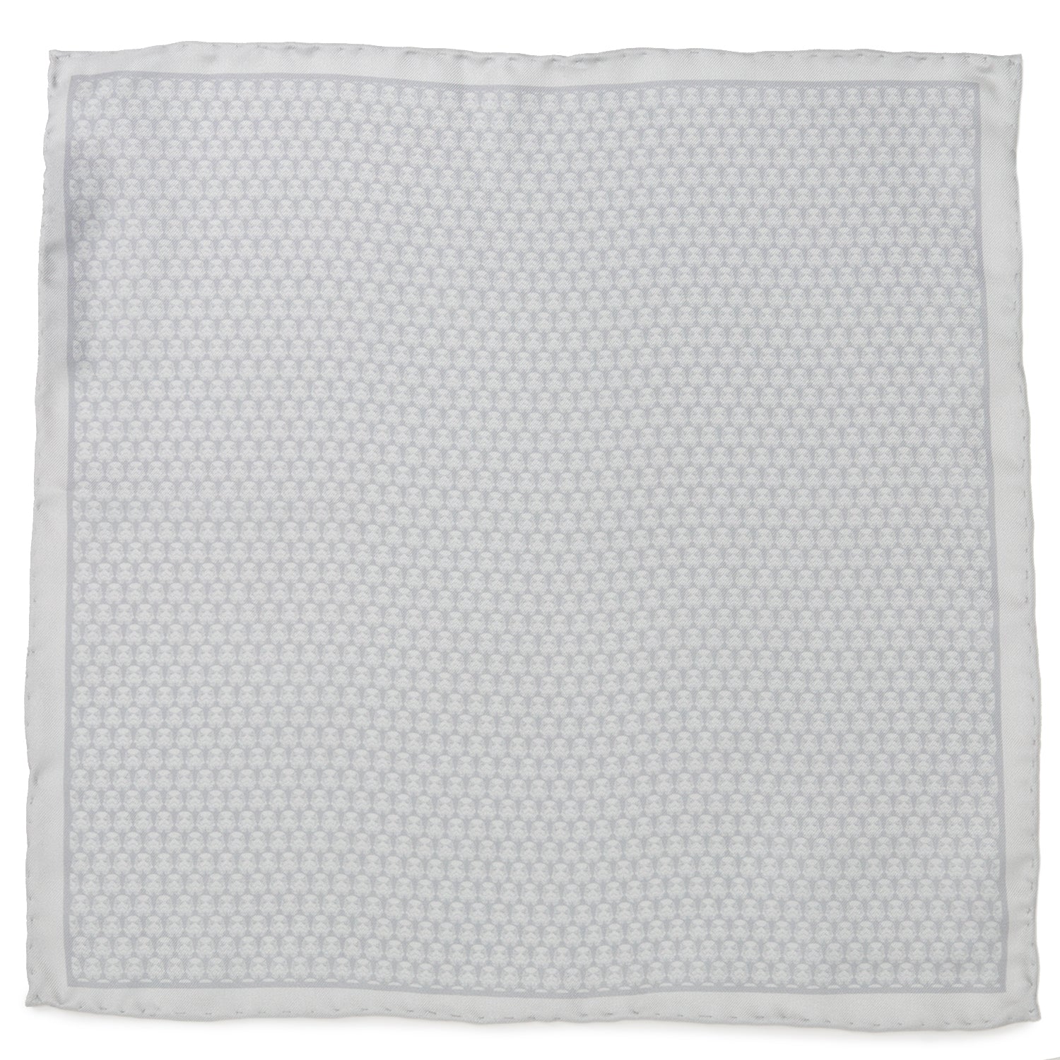 White silk pocket square with a subtle, light gray repeating Stormtrooper helmet print pattern.