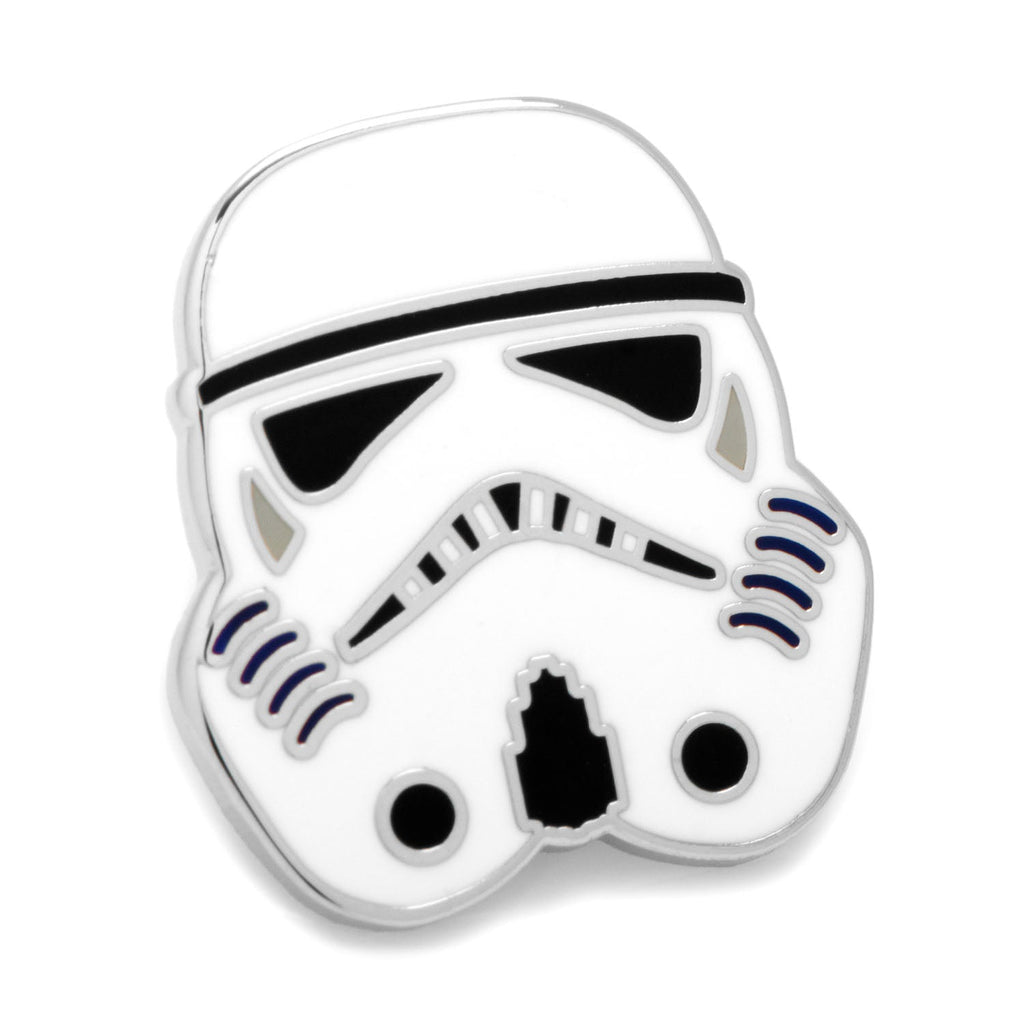 A close-up of a Star Wars Stormtrooper helmet lapel pin with white and black enamel detail.