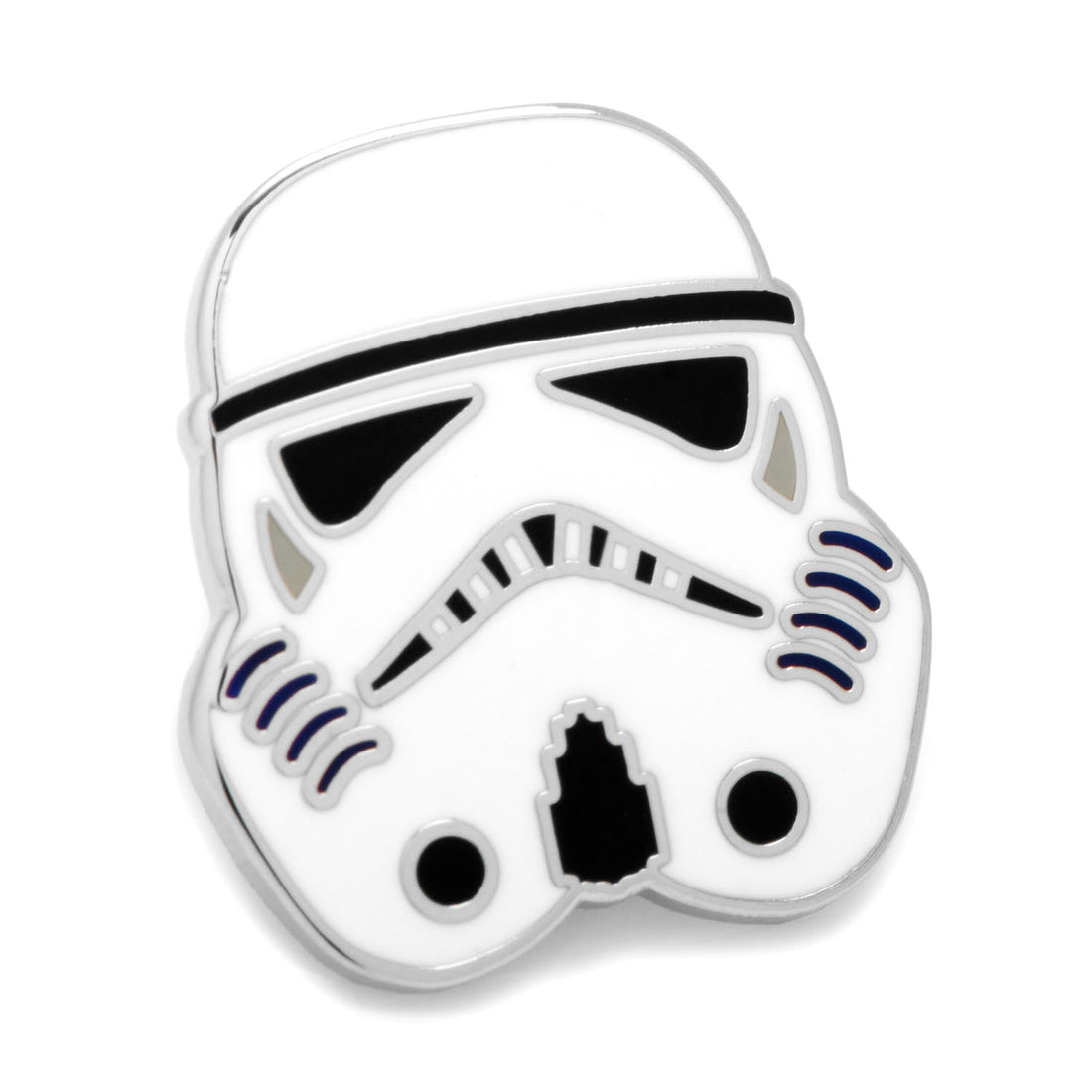 A close-up of a Star Wars Stormtrooper helmet lapel pin with white and black enamel detail.