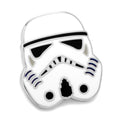 A close-up of a Star Wars Stormtrooper helmet lapel pin with white and black enamel detail.