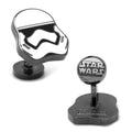 Close up of Star Wars Stormtrooper helmet shaped cufflinks with black and white enamel finish