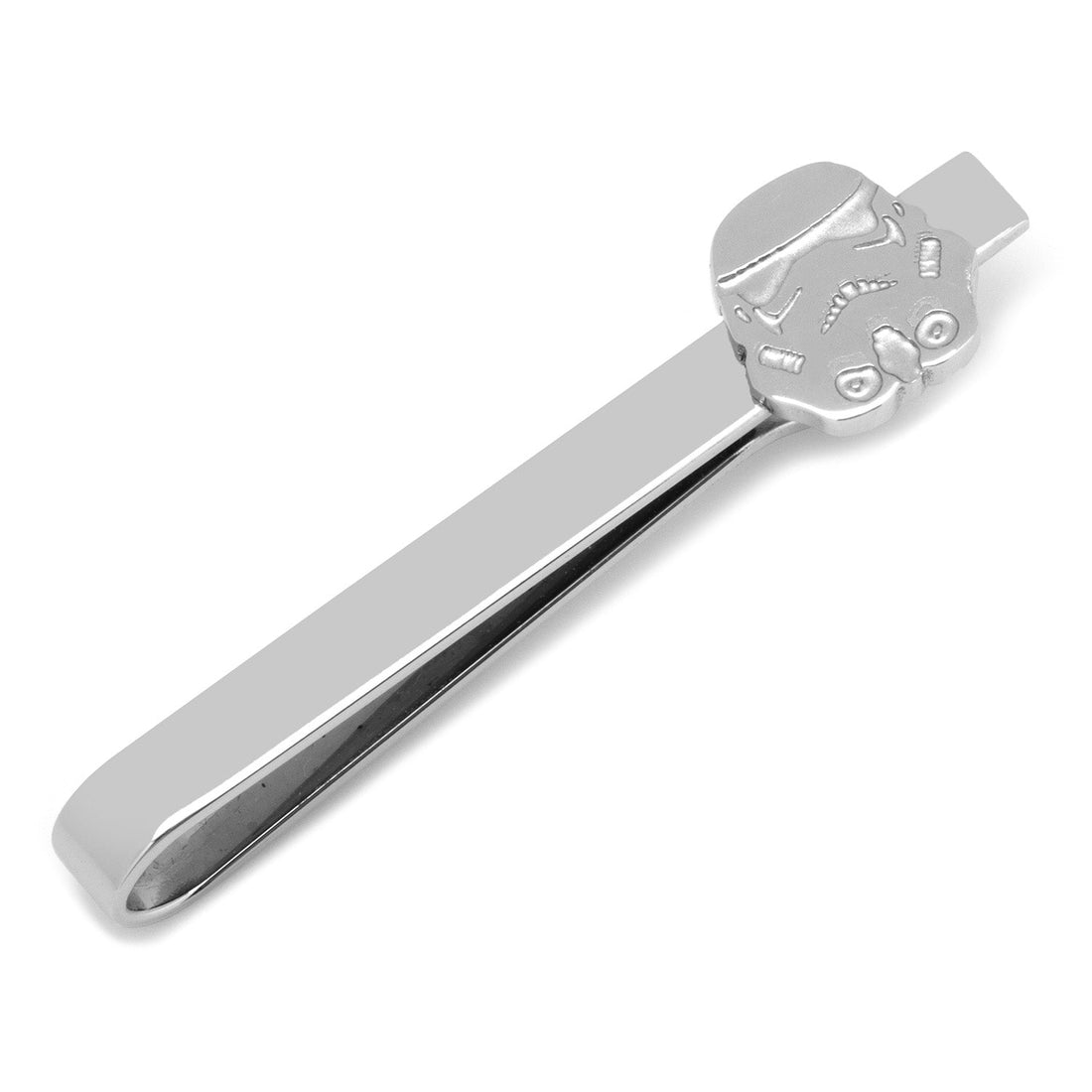 A close up view of a silver stainless steel tie bar featuring a Stormtrooper helmet on the end.