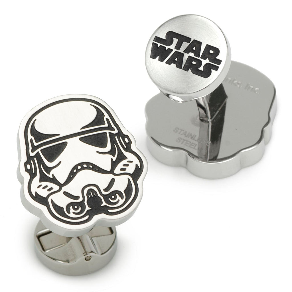A pair of stainless steel Star Wars Stormtrooper helmet cufflinks with black detailing and swivel backings.