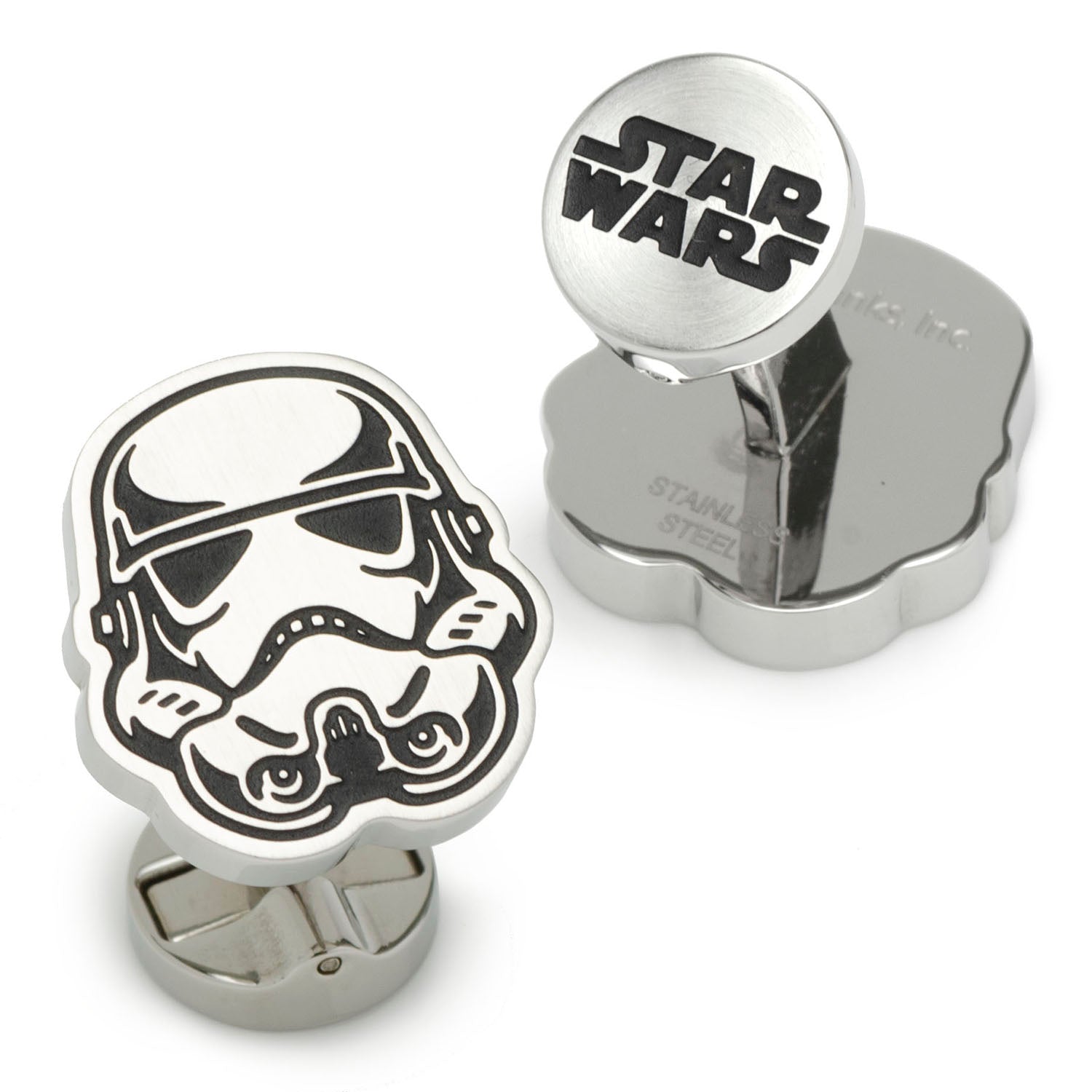 A pair of stainless steel Star Wars Stormtrooper helmet cufflinks with black detailing and swivel backings.