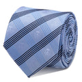 A close-up of a blue plaid necktie featuring subtle, repeating Stormtrooper helmet patterns, shown rolled up on a white background.