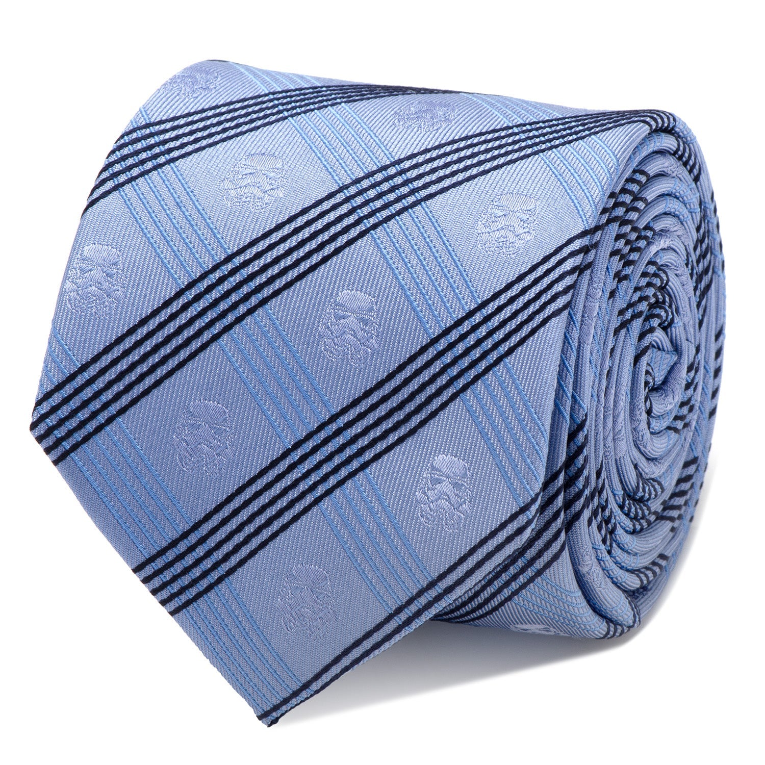 A close-up of a blue plaid necktie featuring subtle, repeating Stormtrooper helmet patterns, shown rolled up on a white background.