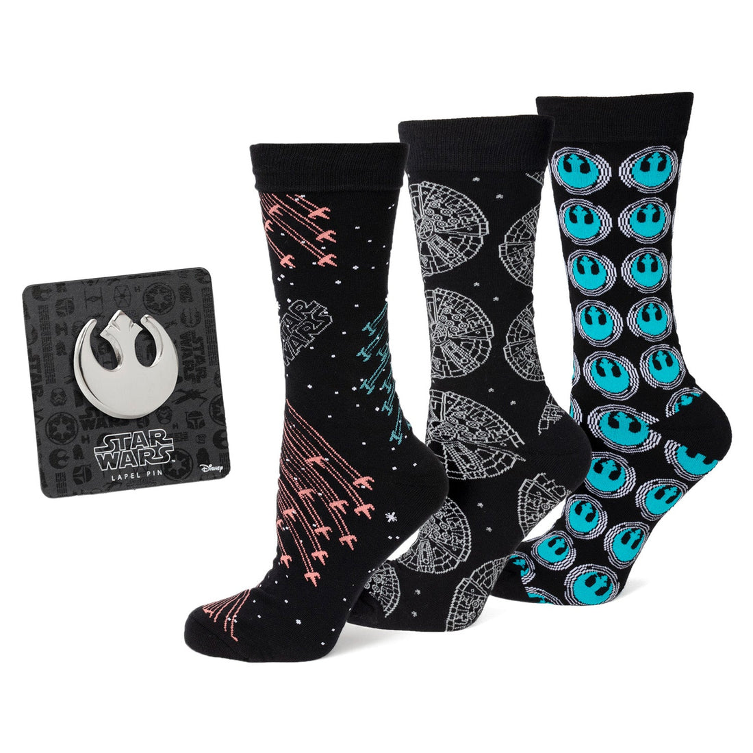Star Wars gift set featuring three pairs of black crew socks with ship prints and a silver Rebel Alliance lapel pin.