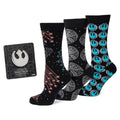 Star Wars gift set featuring three pairs of black crew socks with ship prints and a silver Rebel Alliance lapel pin.