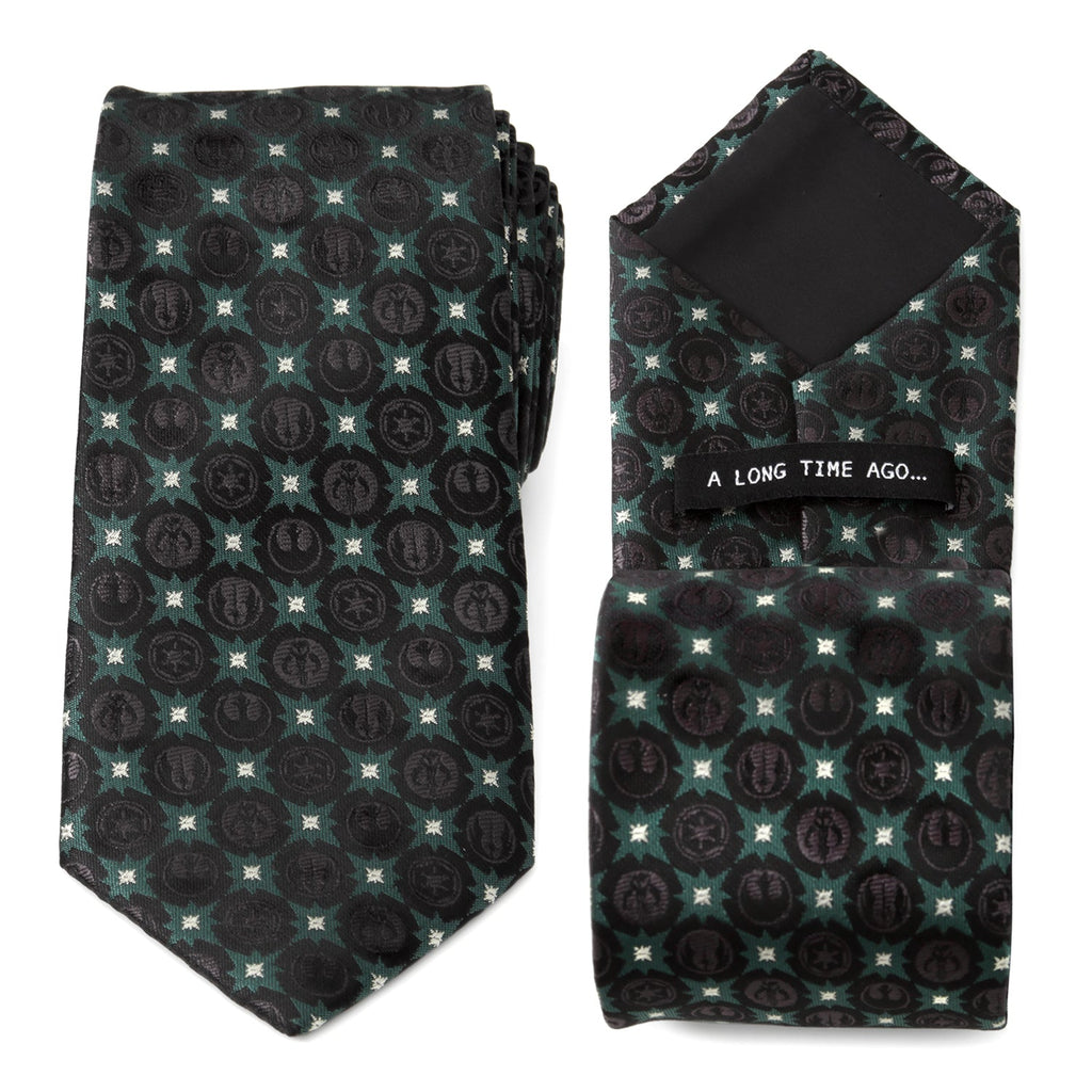 Close up and full view of a black Star Wars themed necktie with forest green stars and silver accents.