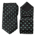 Close up and full view of a black Star Wars themed necktie with forest green stars and silver accents.
