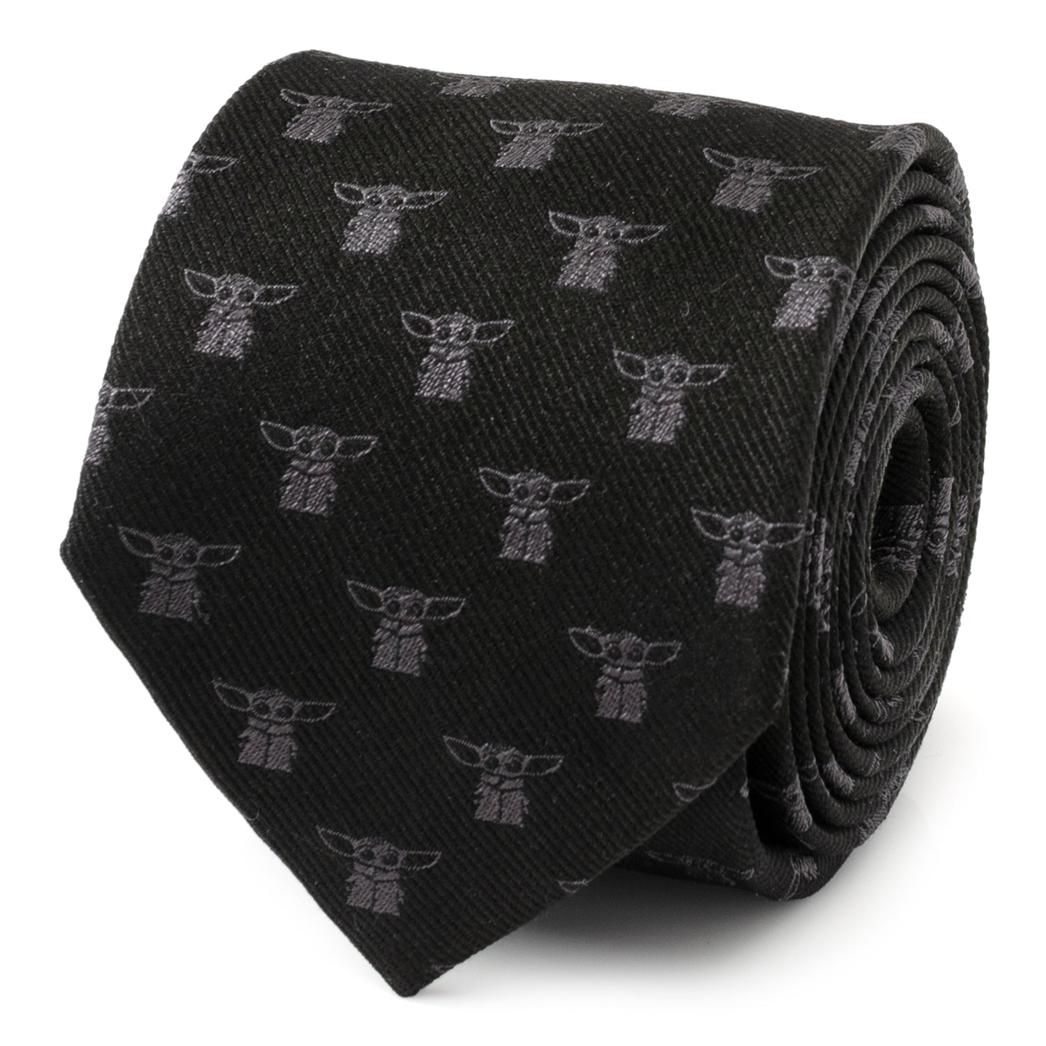 A black silk necktie featuring a repeating print of Grogu (Baby Yoda) from The Mandalorian, shown both rolled up and styled on a mannequin.