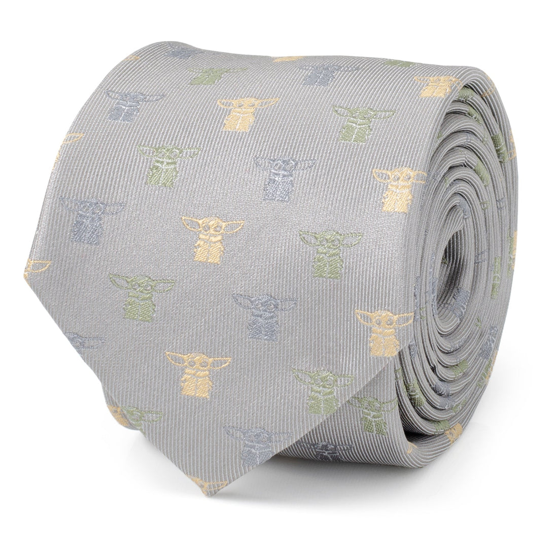 Close up of a cloud grey silk necktie featuring a small repeating pattern of Grogu from The Mandalorian in silver, sage green, and yellow stitching.
