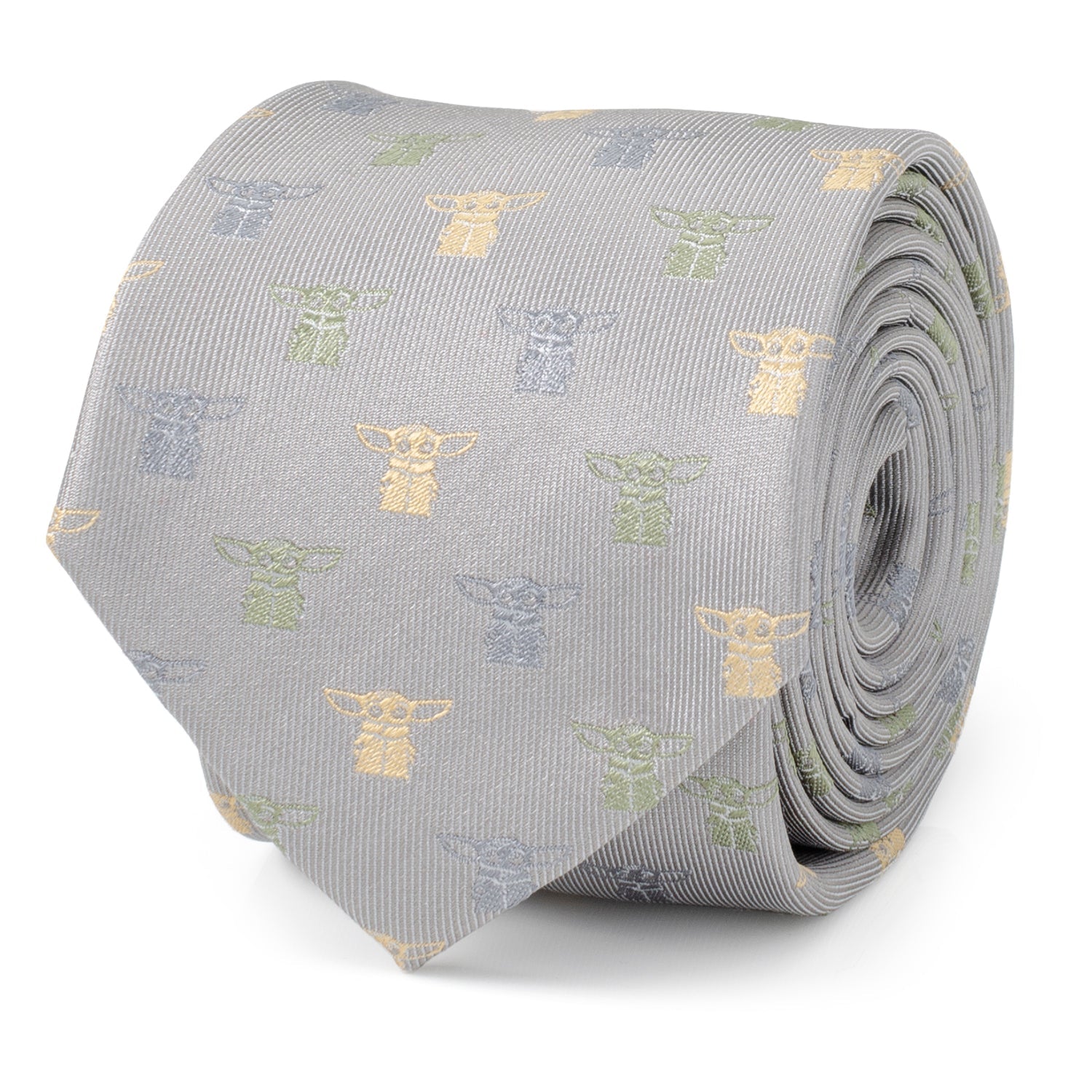 Close up of a cloud grey silk necktie featuring a small repeating pattern of Grogu from The Mandalorian in silver, sage green, and yellow stitching.