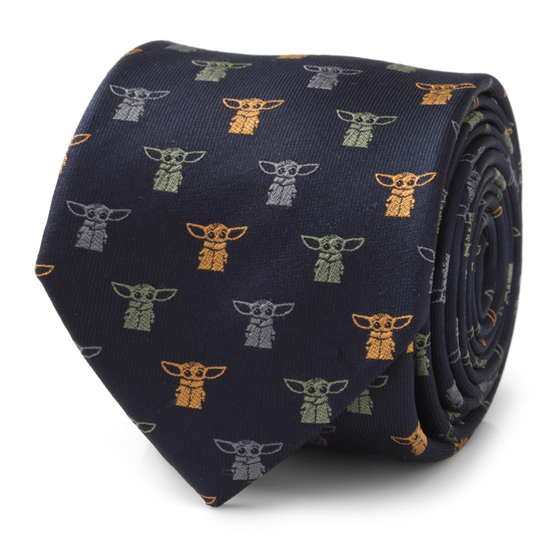 A navy blue silk necktie featuring a repeating pattern of Grogu from The Mandalorian in yellow, grey, and sage green.