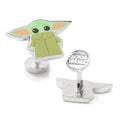 Star Wars Grogu Baby Yoda character cufflinks featuring green and tan enamel on plated silver metal