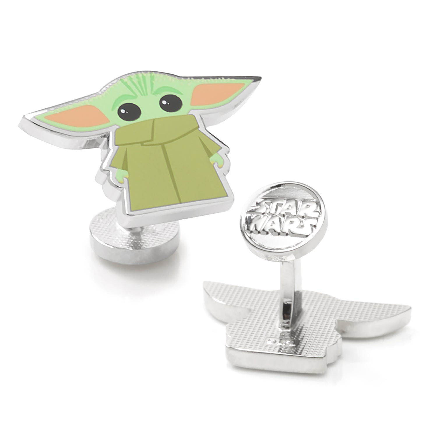 Star Wars Grogu Baby Yoda character cufflinks featuring green and tan enamel on plated silver metal