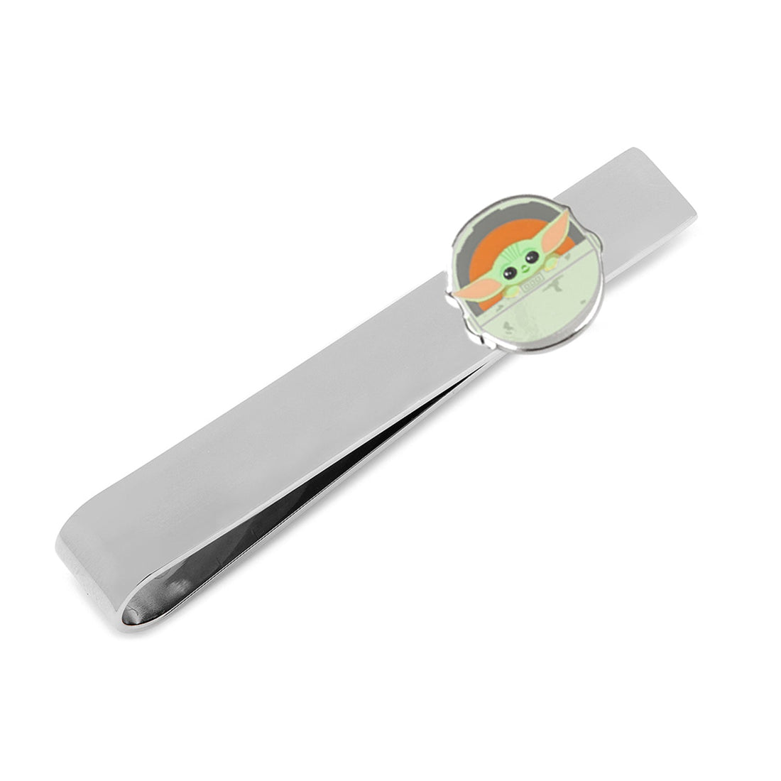 Silver tone tie bar featuring Grogu in a hover bassinet from The Mandalorian