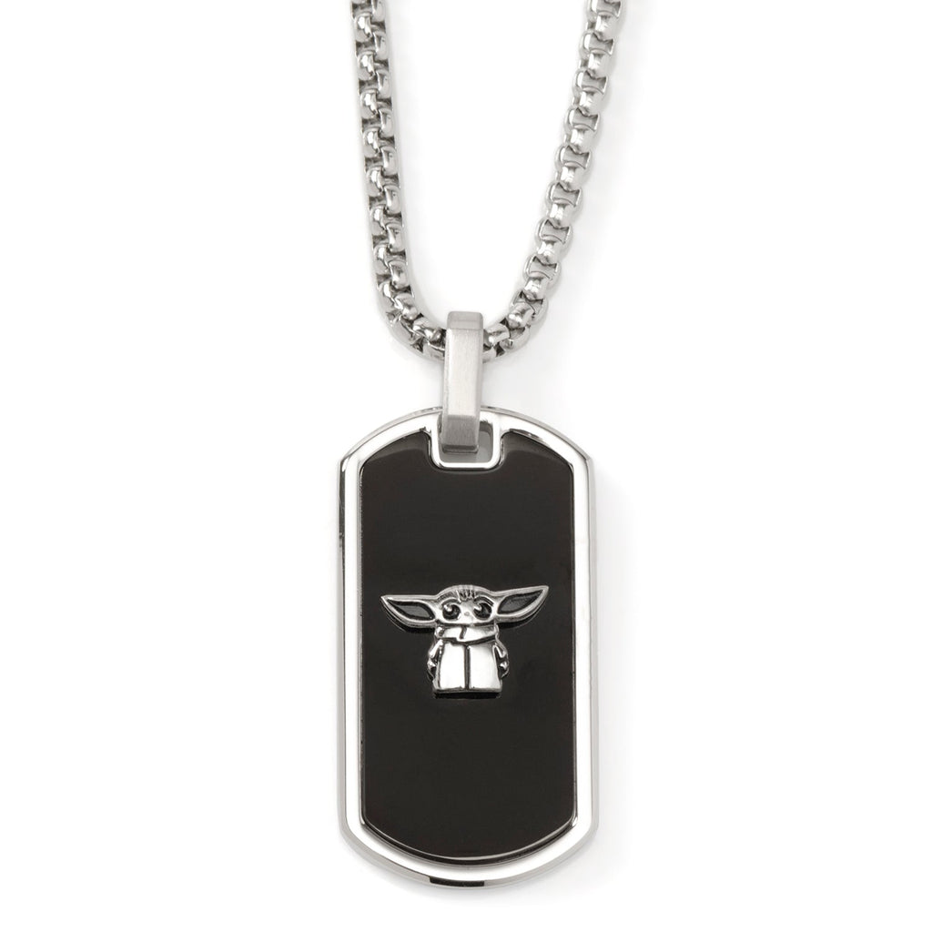 Star Wars Grogu dog tag pendant on a silver-tone box chain with a black rectangular base