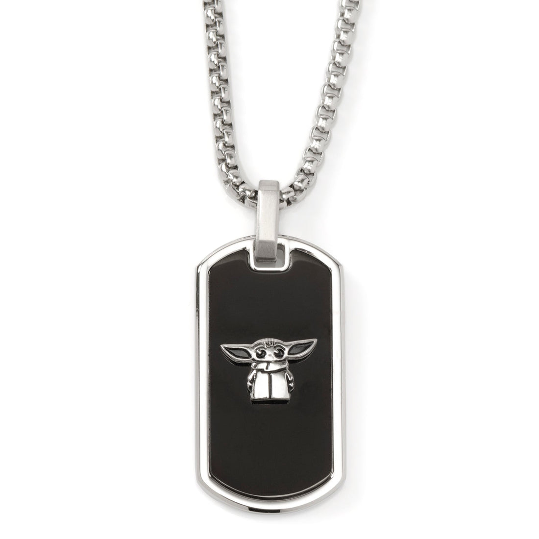 Star Wars Grogu dog tag pendant on a silver-tone box chain with a black rectangular base