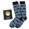 A pair of navy blue striped crew socks with Grogu icons next to a Star Wars themed Grogu lapel pin.