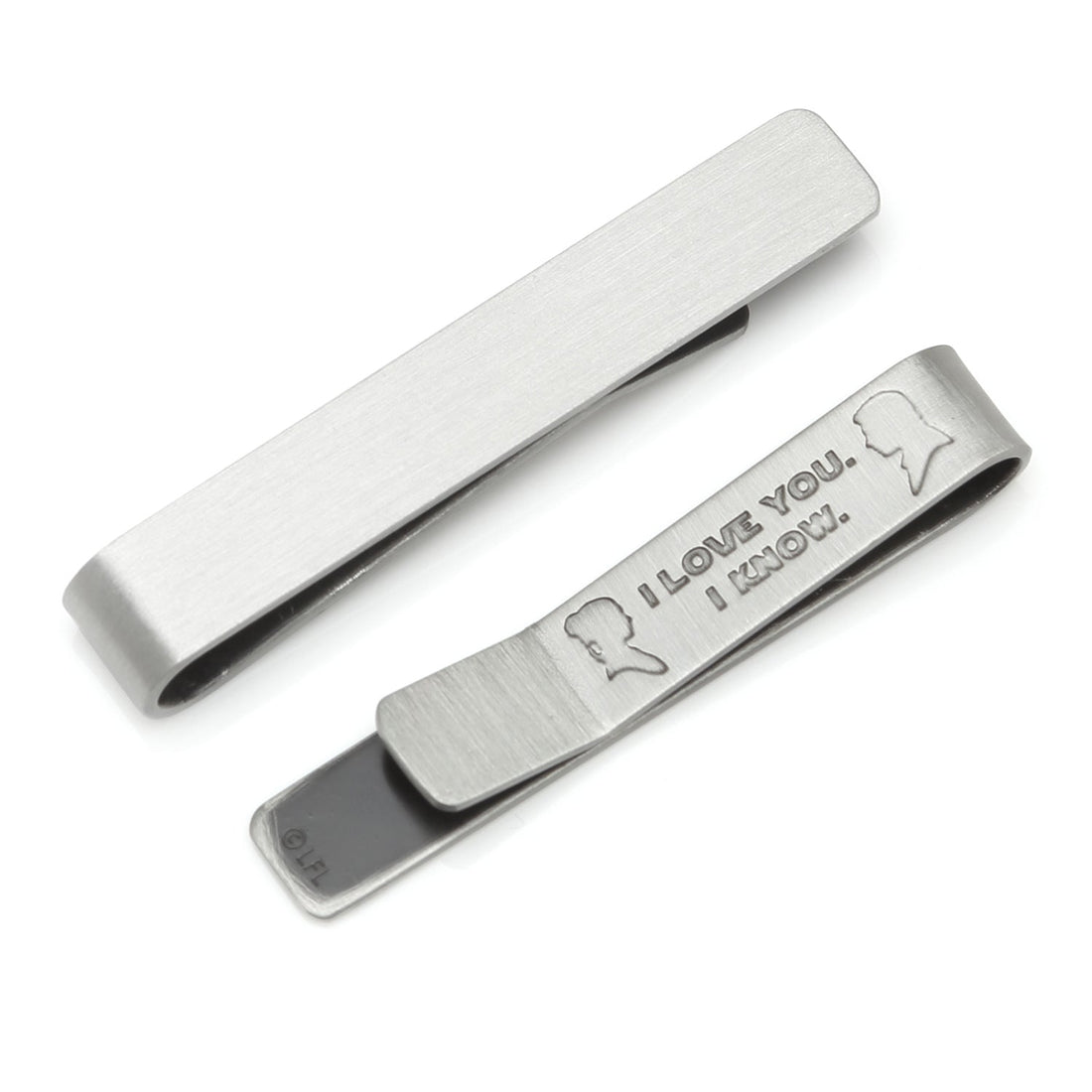 Silver Star Wars tie bar showing a plain front and an engraved back with Princess Leia and Han Solo silhouettes and text.