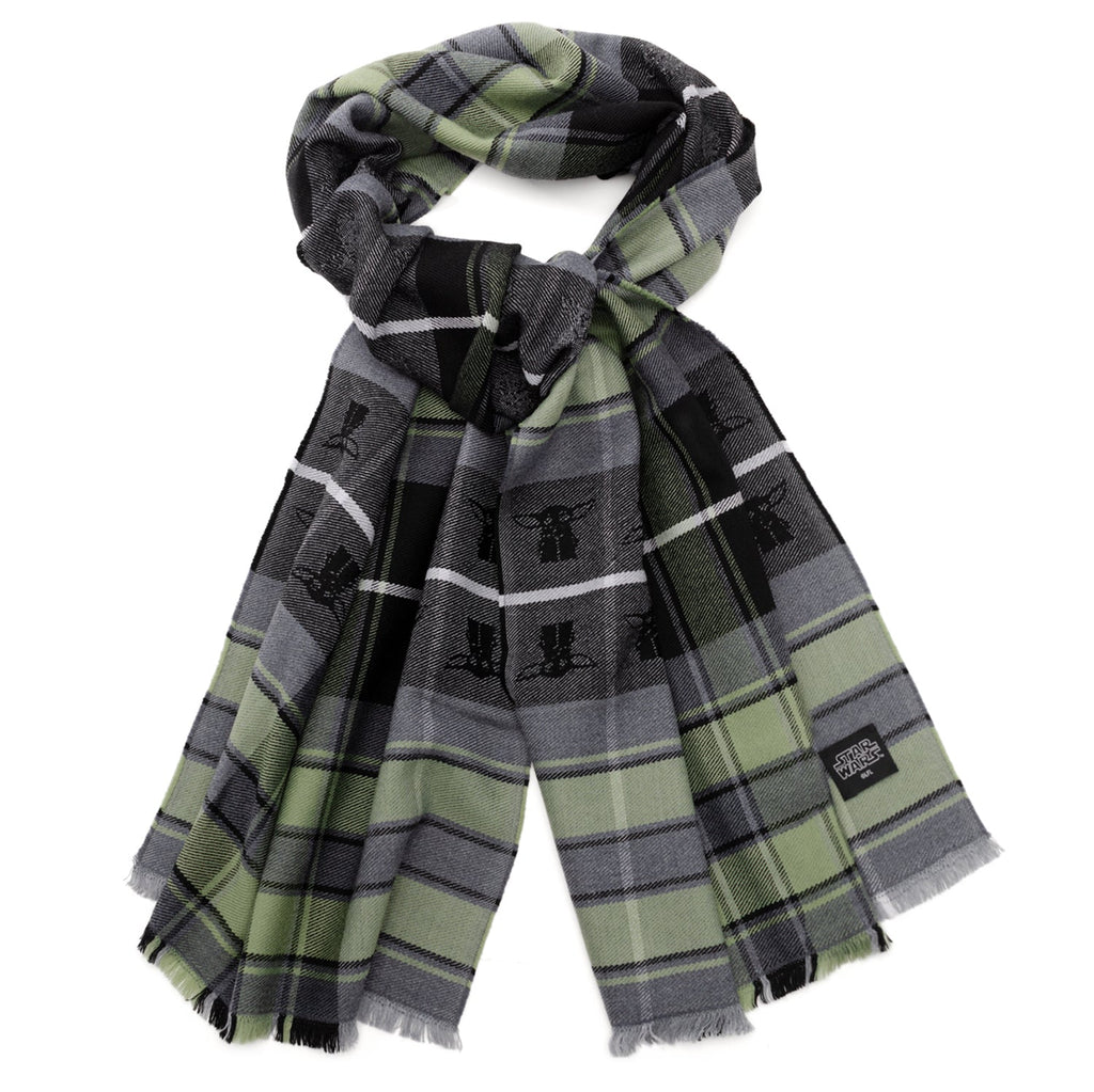 A soft Merino wool scarf with a grey, black, and sage green plaid pattern featuring small black Grogu character icons.