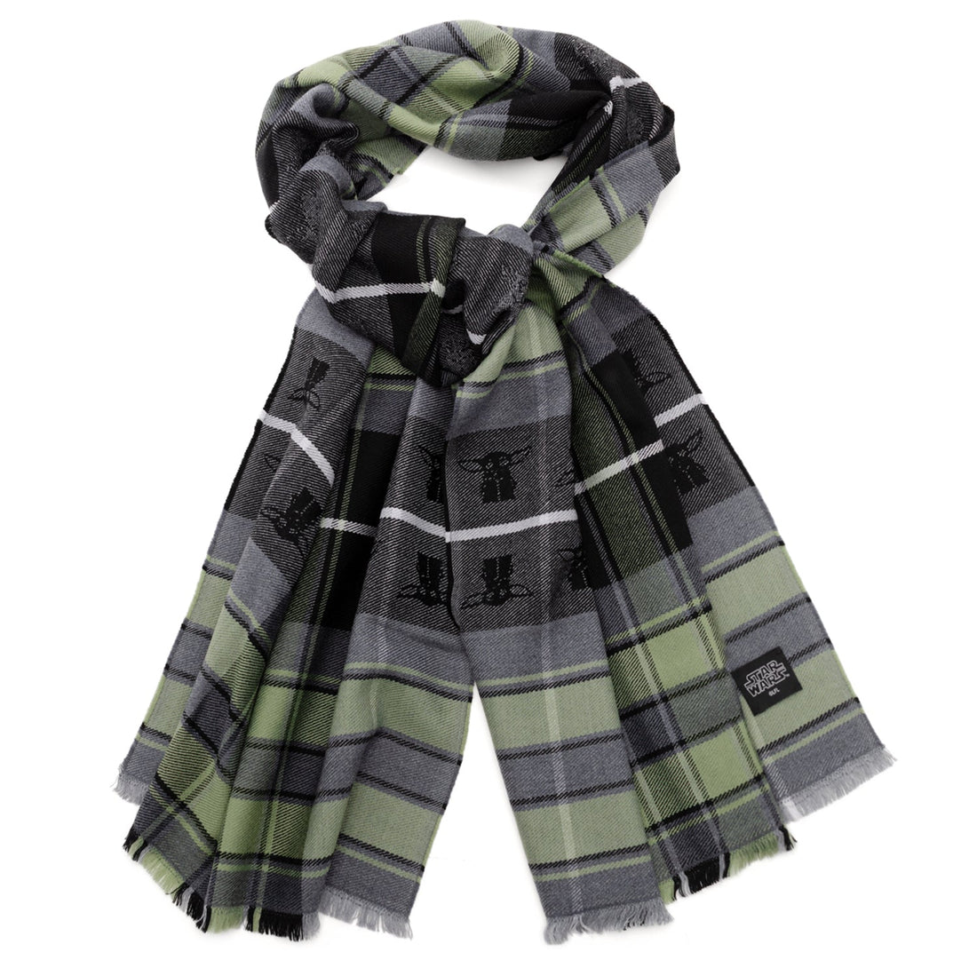 A soft Merino wool scarf with a grey, black, and sage green plaid pattern featuring small black Grogu character icons.