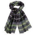A soft Merino wool scarf with a grey, black, and sage green plaid pattern featuring small black Grogu character icons.