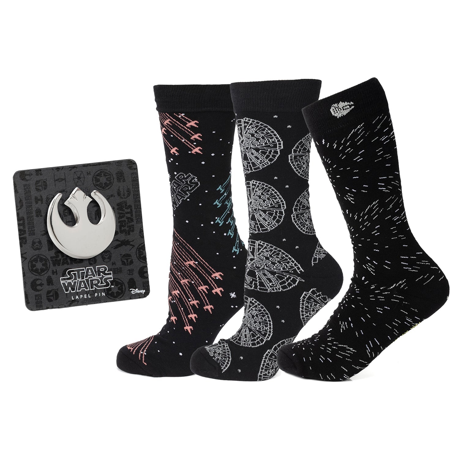 A gift set containing three pairs of black Star Wars themed crew socks and one silver Rebel Alliance lapel pin on a display card.